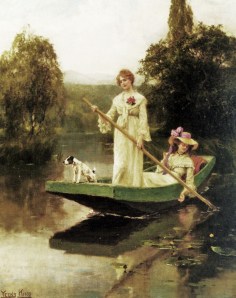 Women dressed in flowing summer frocks pole a flat boat on a river.